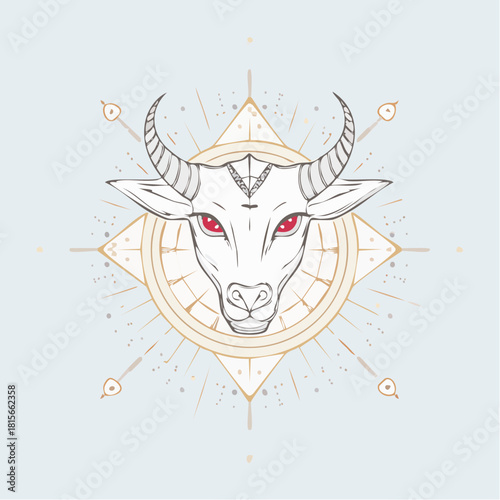 Stylized bull head illustration with striking red eyes textured horns and intricate geometric compass design.