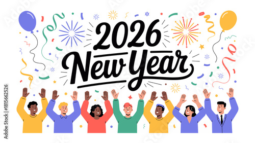 Celebrating 2026 New Year: A vibrant illustration depicts a diverse group of people joyfully welcoming the new year with confetti, balloons and fireworks, symbolizing hope and fresh beginnings.