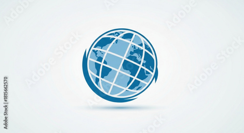 Stylized blue globe icon representing global communication, network, internet, and worldwide connection on a light background
