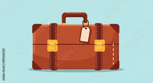 Classic brown vintage travel suitcase with leather straps and a blank luggage tag, symbolizing journey, vacation, and adventure