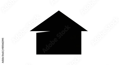 Black silhouette of a simple house icon with a pointed roof and a subtle gap on the left side, isolated on