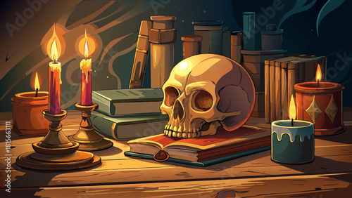 Human skull resting beside melting candles on an old wooden desk, surrounded by antique books and warm dramatic lighting