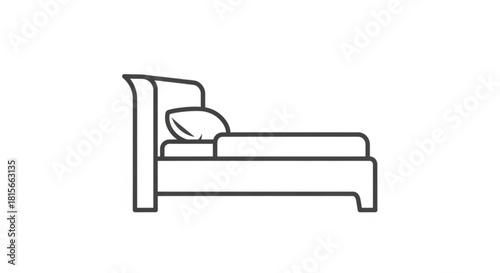 Simple line drawing of a bed with a pillow and blanket, symbolizing sleep, rest, and bedroom furniture, isolated on
