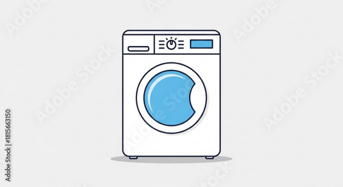 Illustration of a modern frontloading washing machine with a blue drum and control panel, a common household laundry appliance