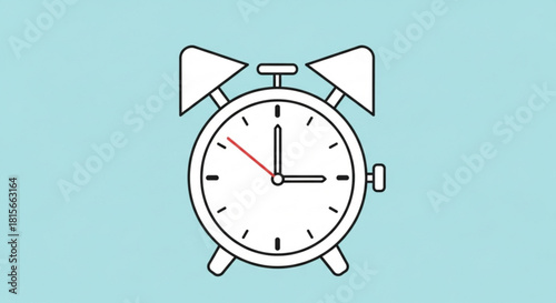 Simple line art illustration of a classic alarm clock on a light blue background, representing time and punctuality