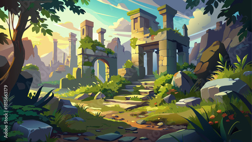 Sunlit abandoned ruins surrounded by dense vegetation, where crumbling stone structures merge harmoniously with thriving nature in a peaceful setting