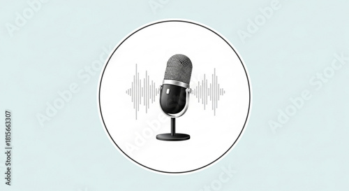 Professional studio microphone with sound waves graphic, depicting podcasting, voice recording, radio, and audio production for digital content
