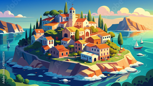 Charming coastal village on a rocky peninsula surrounded by crystal-blue Adriatic waters, glowing warmly under the afternoon sun