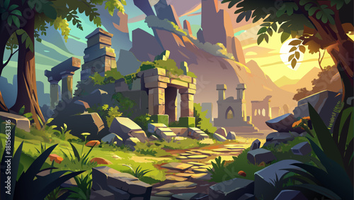 Sunlit abandoned ruins surrounded by dense vegetation, where crumbling stone structures merge harmoniously with thriving nature in a peaceful setting
