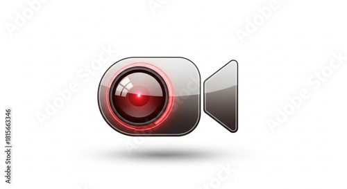 A sleek, modern video camera icon with a glowing red lens, symbolizing recording and multimedia, isolated on