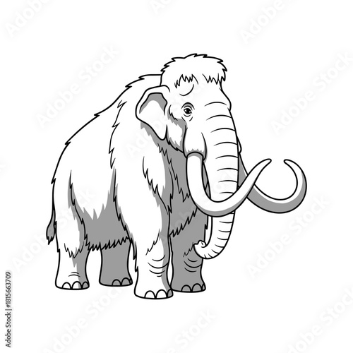 Black and white cartoon illustration of a woolly mammoth with long tusks standing on a white background.