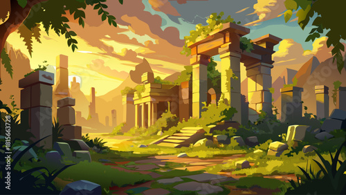 Ancient stone ruins bathed in golden sunlight, partially covered by climbing vines and lush greenery, creating a serene blend of nature and history