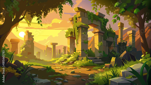 Ancient stone ruins bathed in golden sunlight, partially covered by climbing vines and lush greenery, creating a serene blend of nature and history