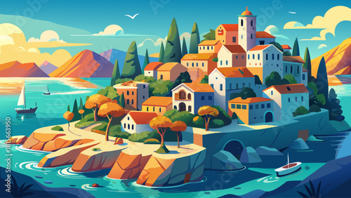 Charming coastal village on a rocky peninsula surrounded by crystal-blue Adriatic waters, glowing warmly under the afternoon sun