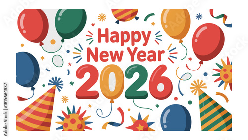 Joyful New Year Celebration with Balloons: A colorful and festive design bursting with the spirit of the upcoming year, featuring vibrant balloons, confetti, and celebratory elements.