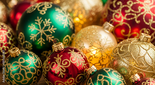 Colorful Christmas tree decorations with golden patterns and decor, close-up