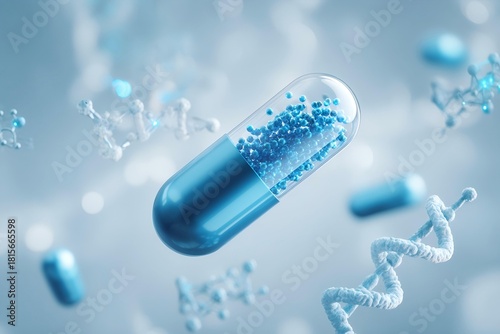 A blue capsule contains blue particles. White molecular structures and DNA double helix structures float around the capsule.