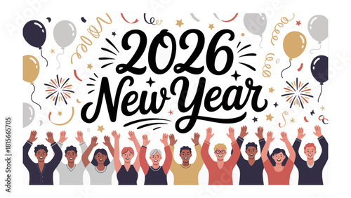 New Year 2026 Celebration: A vibrant illustration depicts a diverse group of people joyfully welcoming the arrival of 2026, surrounded by festive decorations. 
