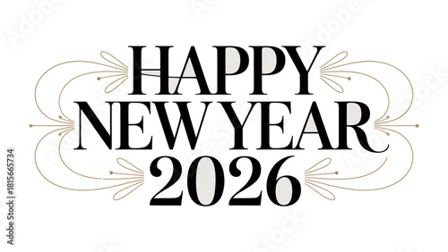 New Year 2026 Celebration: A decorative typographic design celebrating the arrival of New Year 2026, set against a clean backdrop with ornamental flourishes, perfect for festive greetings.