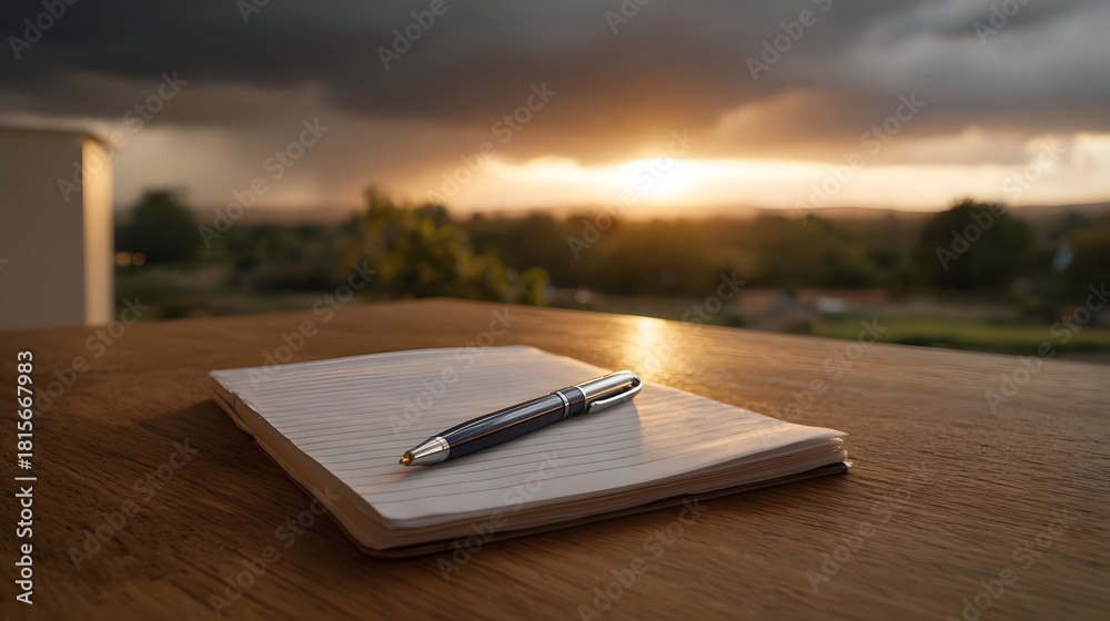 Obraz premium Pen and notebook on a wooden table under a dramatic sunset sky with stormy clouds