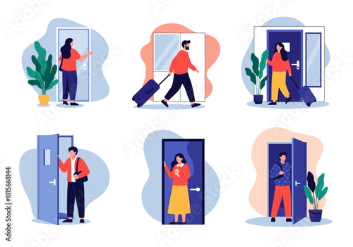 Collection of scenes showing various people opening entering and exiting through doors some arriving or leaving with luggage.
