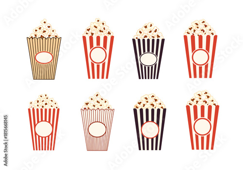 A collection of eight retro-style popcorn boxes and containers with classic red white and black striped patterns for cinema.