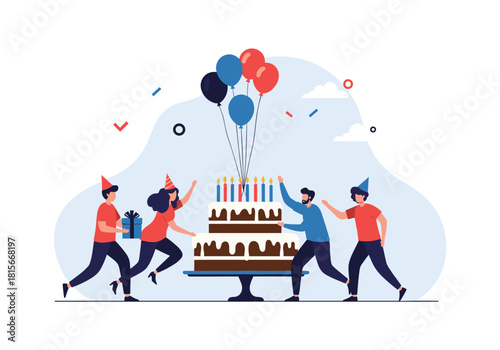 A group of cheerful friends celebrating a birthday party together carrying a large cake with candles and colorful balloons.