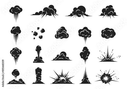 A dynamic set of black comic book style smoke puffs dust clouds and explosion effects for action and speed illustrations.