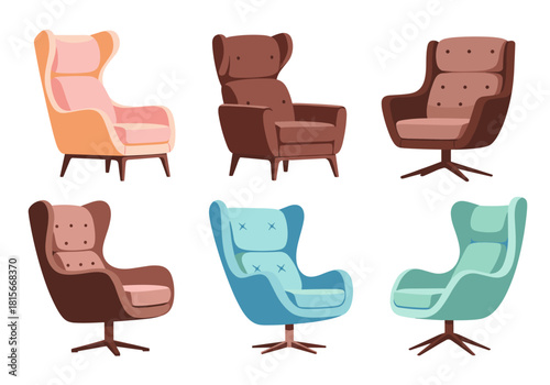 A collection of six stylish and comfortable mid-century modern armchairs in various colors and designs for interior decor.