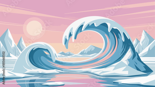 Stylized arctic ocean landscape illustration with large blue wave and icebergs under a pastel sky.