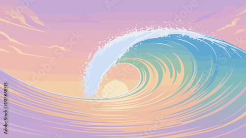 A colorful ocean wave curls at sunset or sunrise with vibrant pastel hues