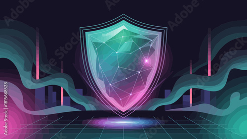 A glowing digital shield with a polygonal design symbolizes advanced data protection.