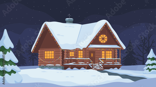 A charming log cabin adorned with festive lights sits peacefully in a snowy winter landscape.
