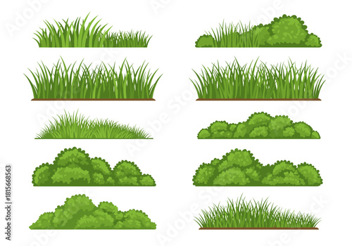A set of fresh green grass tufts and lush bushes isolated on a white background for landscape and garden design.