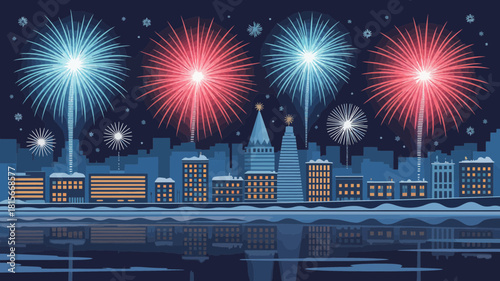 Colorful fireworks illuminate a winter city skyline reflected perfectly on water.
