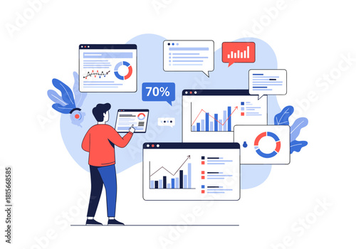 A businessman managing and analyzing data through a complex digital interface with various charts graphs and pop-up windows.