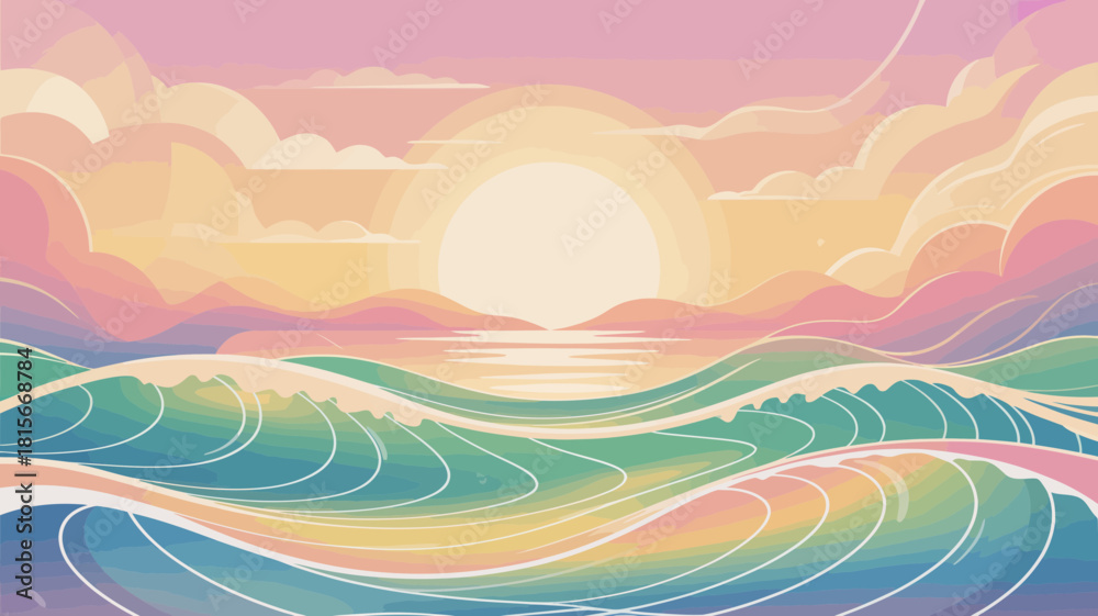 Obraz premium Vibrant vector illustration of a tranquil ocean sunset with colorful waves and sky