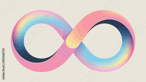 A vibrant, abstract infinity symbol features a continuous gradient of rainbow and pastel colors.