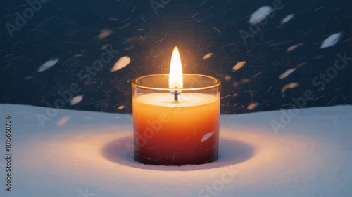 A warm glowing candle sits in fresh snow during a gentle winter night