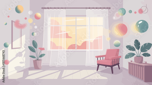 Bright minimalist room with a window view of a serene sunset and cozy armchair