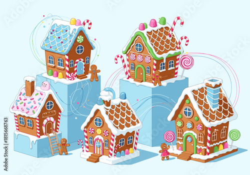 A whimsical isometric illustration of five festive gingerbread houses decorated with colorful candy icing and gingerbread people.