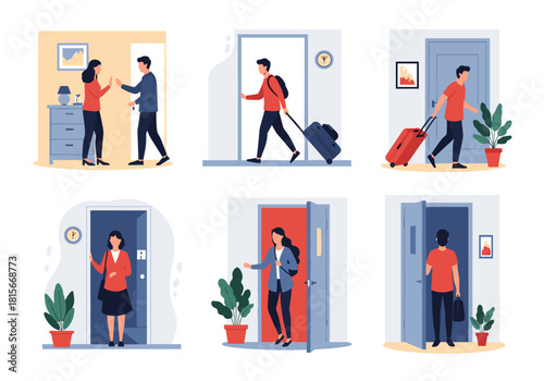 A diverse collection of six scenes featuring people at doorways leaving home traveling or greeting someone at the entrance.