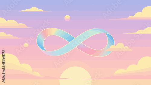 Rainbow colored infinity symbol floats gracefully in a dreamy pastel sky during sunset.