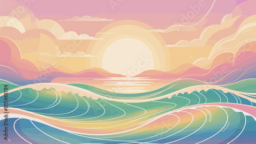 Vibrant vector illustration of a tranquil ocean sunset with colorful waves and sky