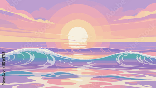 Stylized pastel ocean sunset with calming waves and a vibrant sun illustration