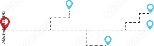 Map route with multiple location pins and dashed line path