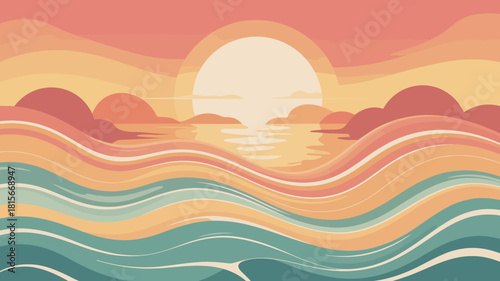 Vibrant vector illustration of a warm ocean sunset with stylized waves and a large sun.