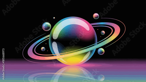 Vibrant rainbow sphere resembling a planet with colorful rings reflects on a dark surface