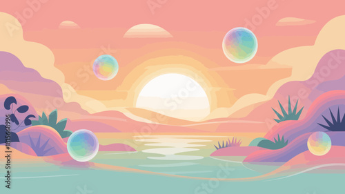Dreamy vector illustration of a pastel landscape at dawn with floating rainbow iridescent bubbles.