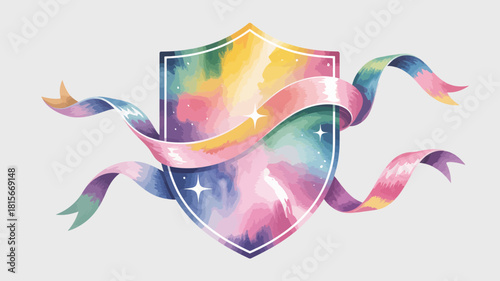 A colorful watercolor shield with a pastel rainbow ribbon flowing around it
